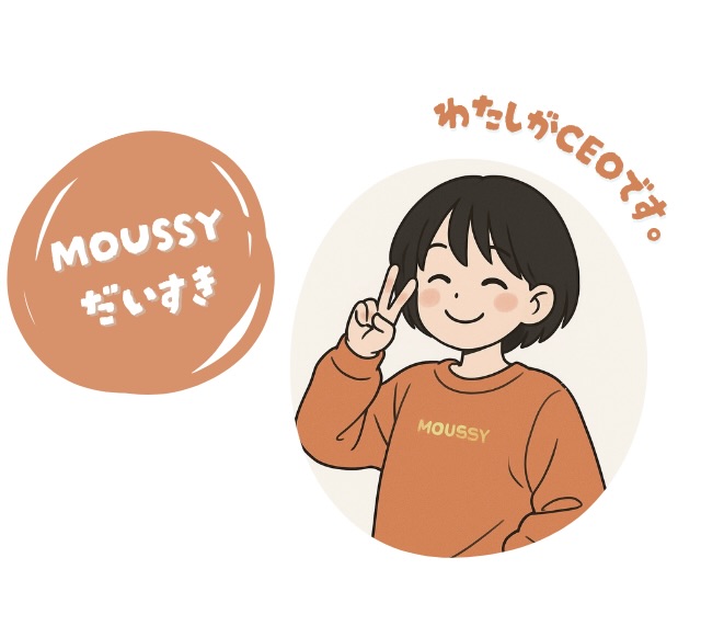 MOUSSYの洋服に身を包みピースするCEOのイラスト(イメージ)