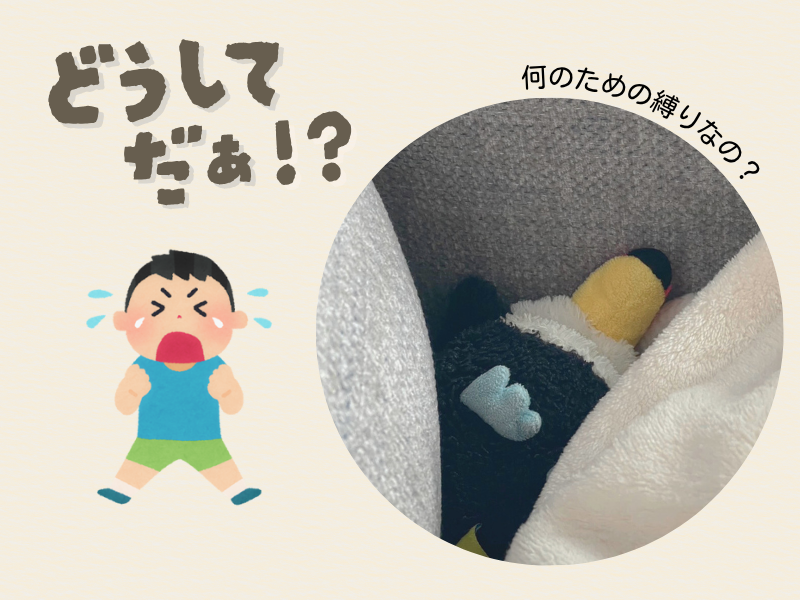 「どうしてだ？」「何のための縛りなの？」とコメントが書かれた画像。左側には泣いている男の子、右側にはオニオオハシのぬいぐるみ”ねぐち”が寝転んでいる。