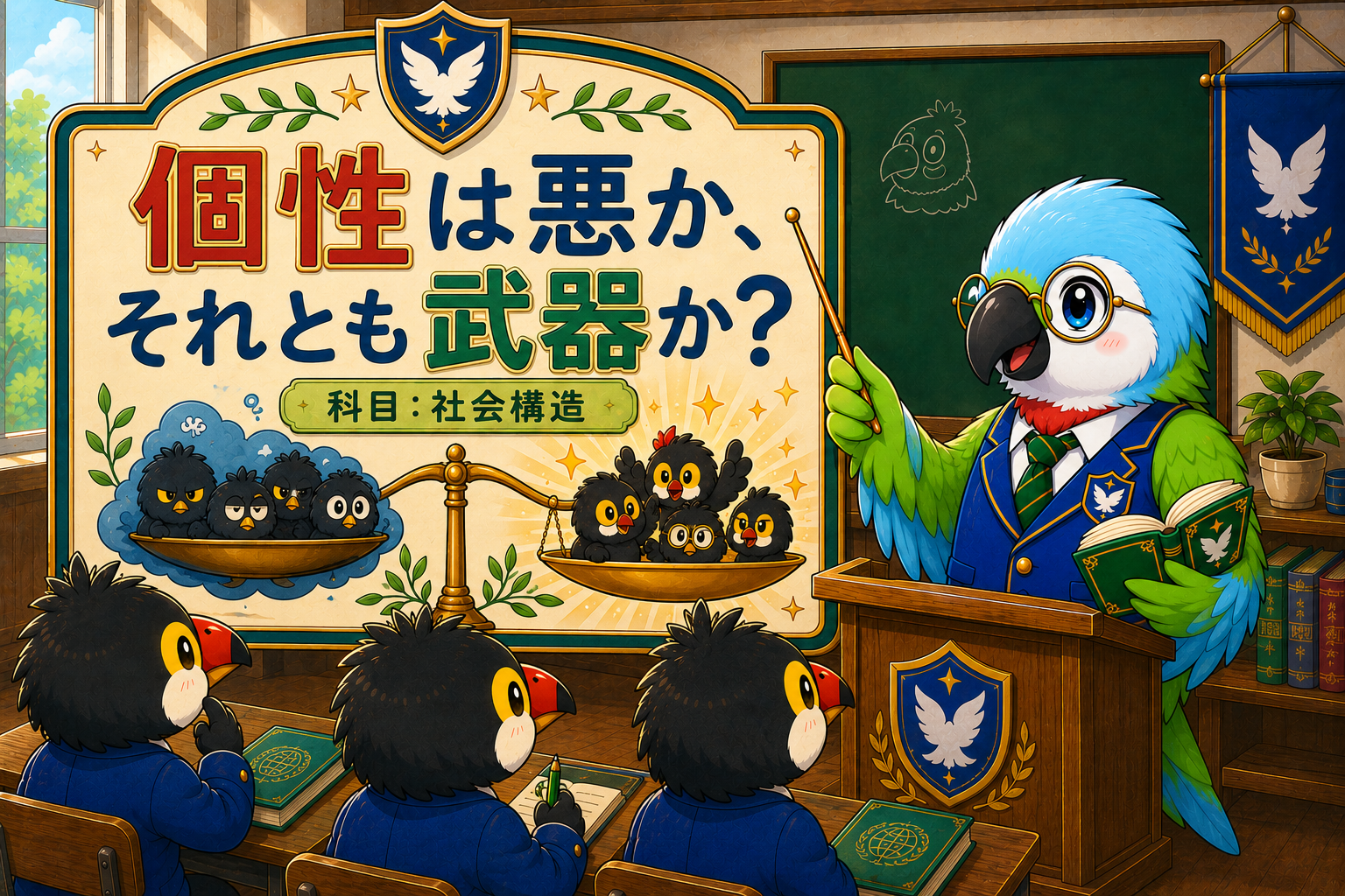 「個性は悪か、それとも武器か？」と書かれた授業内容をするインコの先生と、授業を受けるオニオオハシの生徒たちが描かれている、アイキャッチ画像