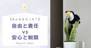 サンスベリアの上に佇み思い耽る”ねぐち”と「自由と責任vs安心と制限」どちらがいいか？と問いかけるメッセージを描いたアイキャッチ画像