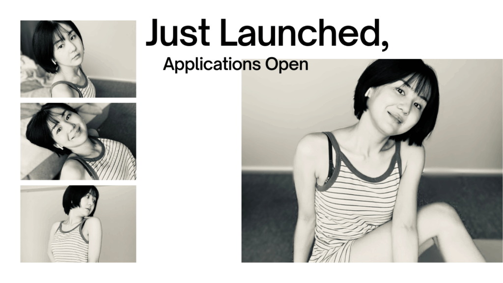 「Just Launched,Applications Open」という英単語フレーズとルームウェア・黒髪ショート女性の自宅でのリラックスしたモノクロ写真