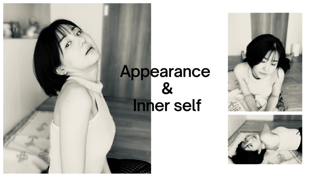 Appearance&innerselfの英単語フレーズと黒髪ショート女性のモノクロ写真のある画像。