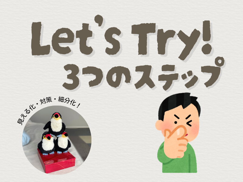 「レッツトライ!3つのステップ」「見える化・対策・細分化」のテキスト、左下には3体のオニオオハシのぬいぐるみが組体操をする写真、右下にはウインクしながら指さす男性のイラスト。