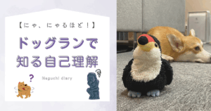 「ドッグランで知る自己理解」というタイトルが大きく書かれたアイキャッチ画像。左下に犬のイラストと考える人のイラスト、右側にはオニオオハシのぬいぐるみ”ねぐち”が立っている様子とその後ろにはコーギーが座り込んでいる様子が写っている写真がある。