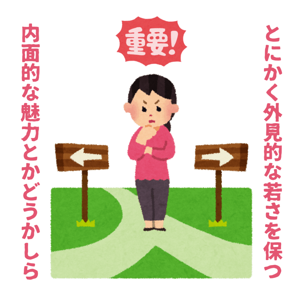 「とにかく外見的な若さを保つ」か「内面的な魅力を養うか」と重要な人生の分岐点に立っている、悩める女性のイラスト