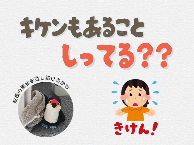 「危険もあること知ってる?」「成長の機会を逃し続けるかも」というテキスト画像。左下には、タオルで拭いているオニオオハシのぬいぐるみの写真がある。右下には、危険を知らせる女の子のイラストがある。