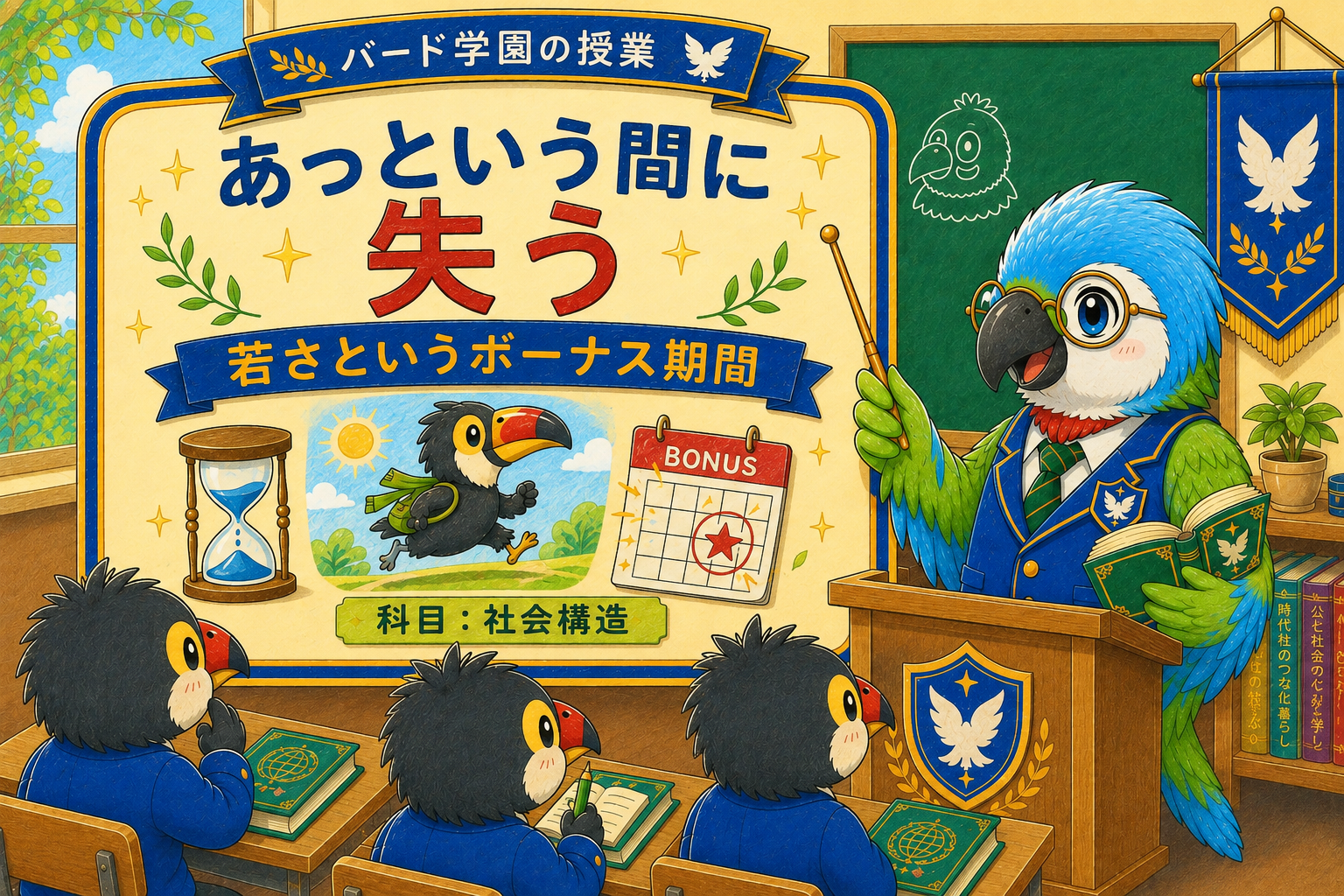 「あっという間に失う」「若さというボーナス期間」の授業風景を描いたアイキャッチ画像。インコの先生と、オニオオハシの生徒たちが楽しそうに授業を受ける姿が描かれている。