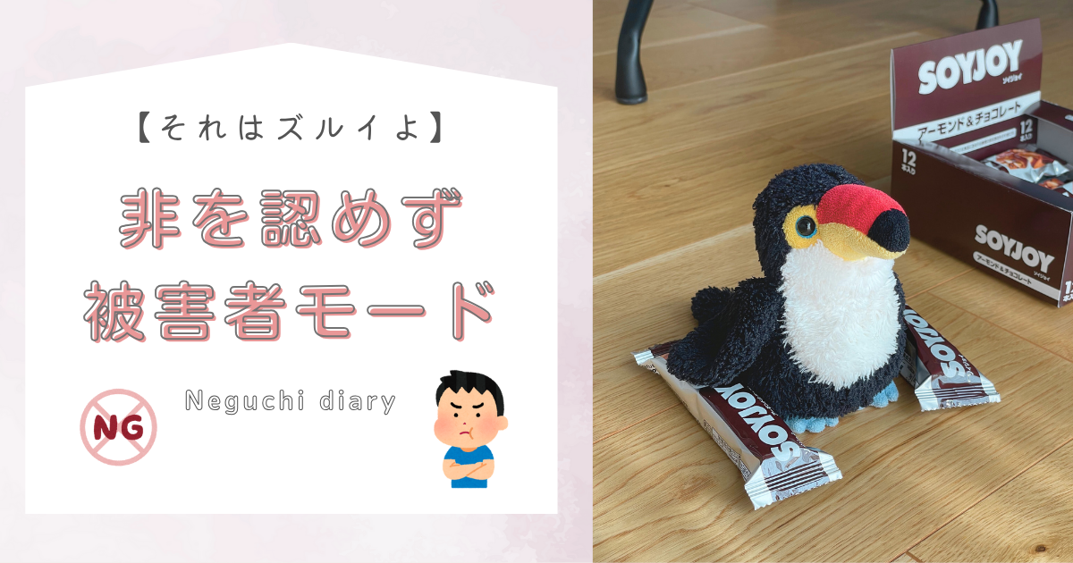 「それはズルイよ」「非を認めず被害者モード」というテキストタイトルが書かれたアイキャッチ画像。右側にはお菓子を小脇に抱えて外を見つめるオニオオハシのぬいぐるみ”ねぐち”の写真がある。