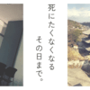 中央に「死にたくなくなるその日まで」というテキストタイトルが書かれたアイキャッチ画像。左側には休憩室の窓から見える外の景色写真、右側には塔が見える景色の写真。