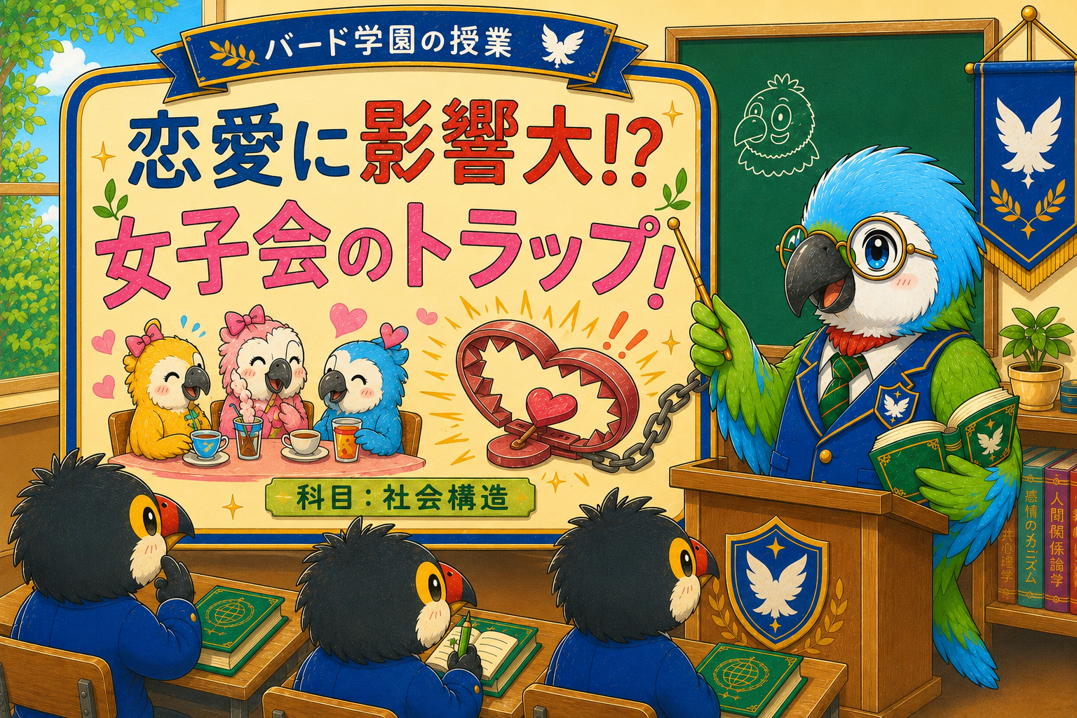 「恋愛に影響大！？」「女子会のトラップ」というバード学園の授業風景が描かれたアイキャッチ画像。インコの先生と、オニオオハシの生徒たちが授業してる風景を描いている。