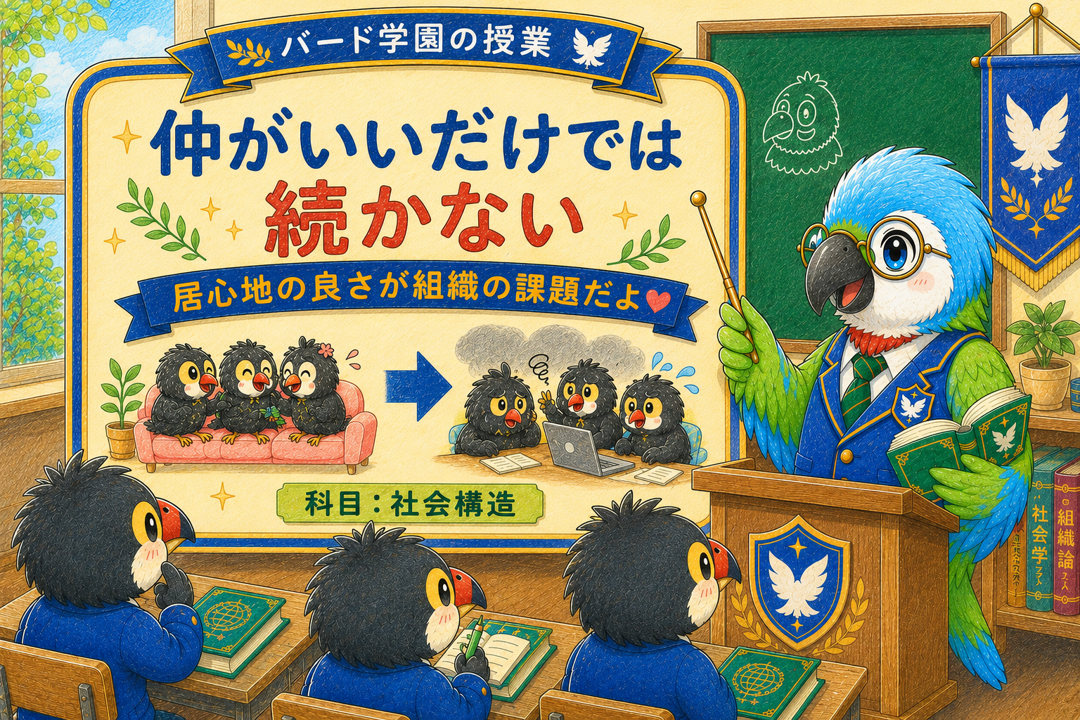 「仲がいいだけでは続かない」「居心地の良さが組織の課題」という授業をしてるバード学園のアイキャッチ画像。インコの先生とオニオオハシの生徒たちが授業をしてる風景を描いている。