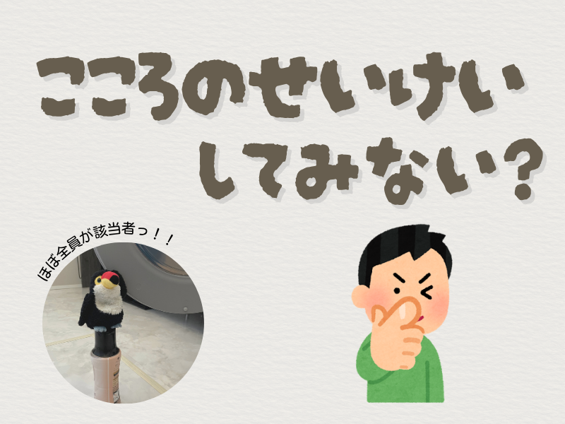 「心の整形してみない?「ほぼ全員が該当者だよ」というメッセージを伝えるテキスト画像。左下には、洗濯ビーズの蓋上で片手を挙げて佇んでいるオニオオハシのぬいぐるみ”ねぐち”の写真、右下には、指さしをしてキメ顔をする男性のイラストがある。