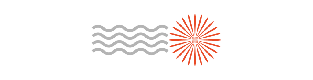 左側にグレーの4本の波線と、右側には、オレンジの放射線状に広がる線画