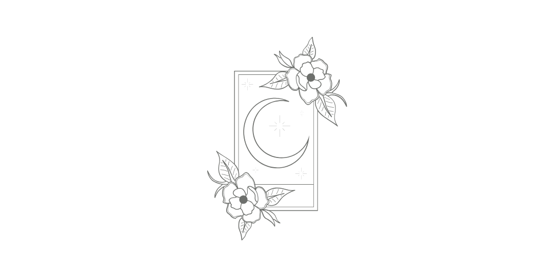 花に囲まれた月のカードを描いた線画イラスト。占いや物語性を感じるモチーフ。