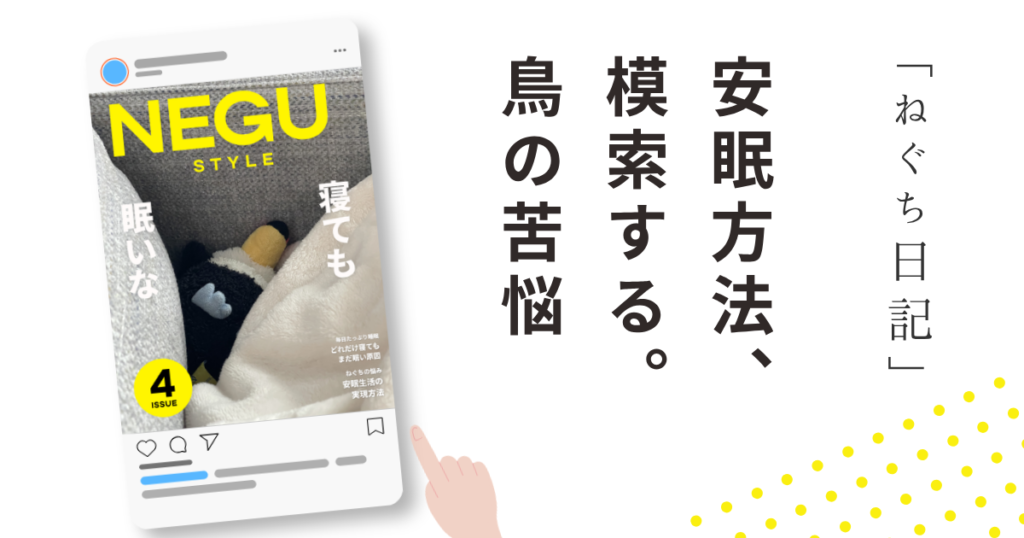 ねぐスタイル第4号「安眠方法、模索する。鳥の苦悩」と書かれた雑誌風デザイン。毛布に包まれて眠るオニオオハシのぬいぐるみ“ねぐち”が表紙になっており、「寝ても眠い」という文字と共に、睡眠リズムに悩む様子を表現している。