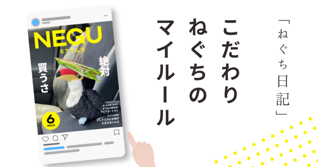 ねぐスタイル第6号「こだわり ねぐちのマイルール」と書かれた雑誌風デザイン。車の助手席に座るオニオオハシのぬいぐるみ“ねぐち”が、ライフガードチューイングガムを頭に乗せている。駄菓子購入時のこだわりやルーティンを紹介する日記記事の表紙。