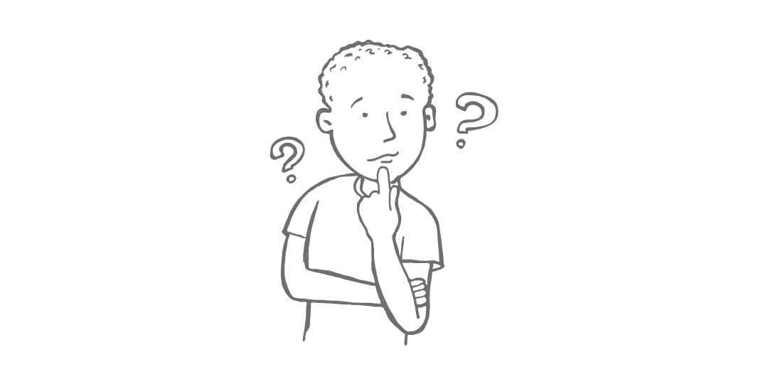 疑問符を浮かべながら考え込む人物のイラスト。事実と解釈を分けて考え、自分の思考や認知を整理する様子を表現している。