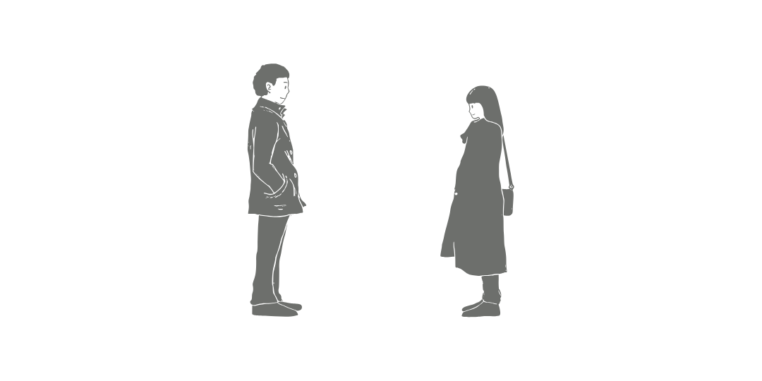 向かい合って立つ男女のシルエットイラスト。現在の自分が未来の自分と向き合い、人生の選択について考える様子を表現している。