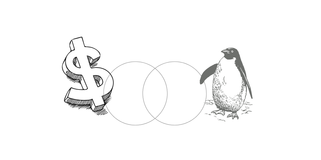 ドルマークとペンギンのイラストが重なり合うベン図のイラスト。積立NISAと創作活動の共通点をイメージした図。