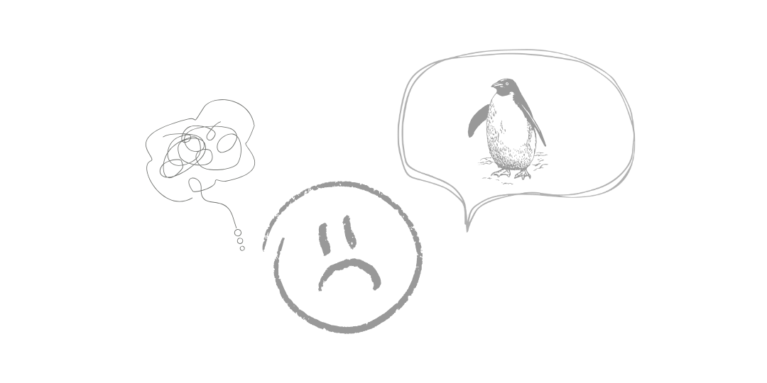 悩んだ表情の顔のイラストと、頭の中のもやもや、吹き出しの中のペンギンが描かれたイラスト。成果が見えない創作活動への葛藤や心理状態を表現している。