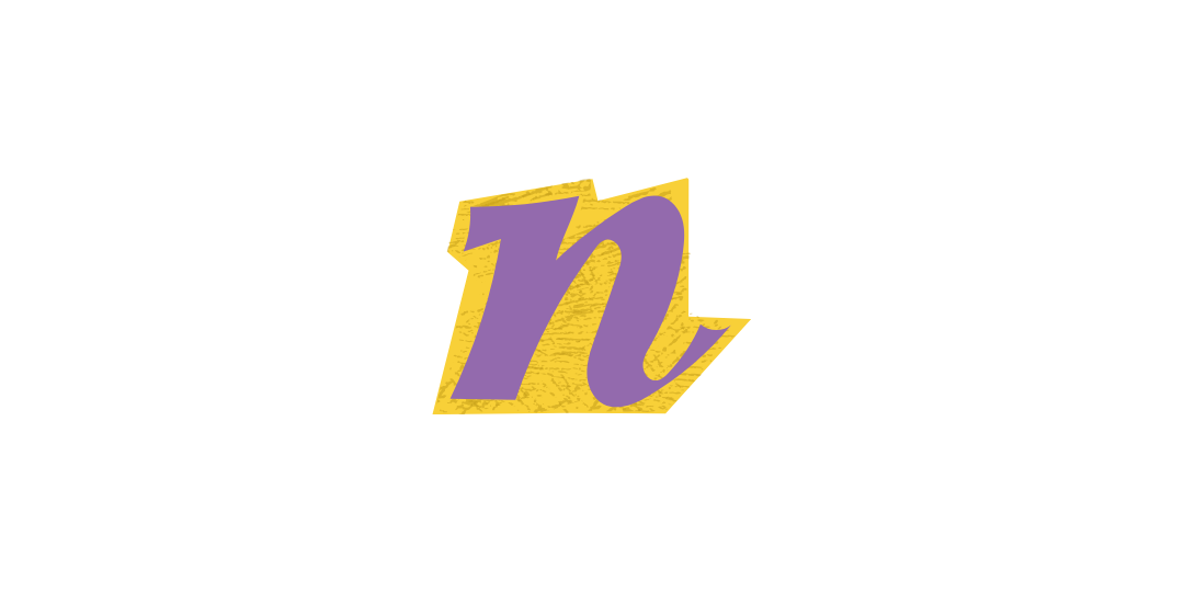 黄色い紙の上に紫色の大文字「N」が配置されたデザインイラスト。