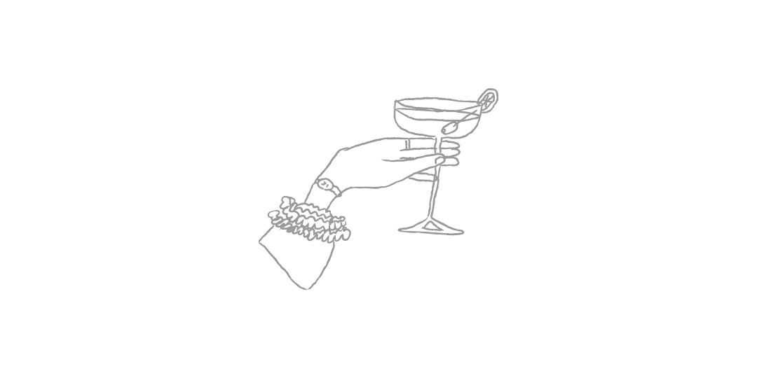 カクテルグラスを持つ手元を描いたシンプルな線画イラスト。成果が見える安心感や、心地よさ・快楽に惹かれる心理を象徴している。