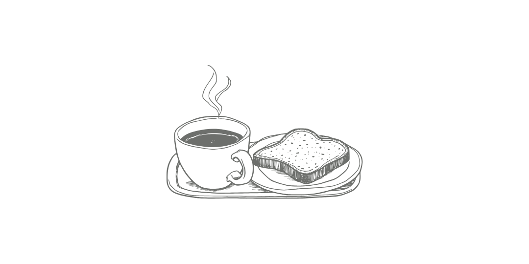 コーヒーとトーストが載った朝食のイラスト。自炊や生活習慣など、若い頃には必要性を感じにくかった習慣が将来の暮らしを支えることを表現している。