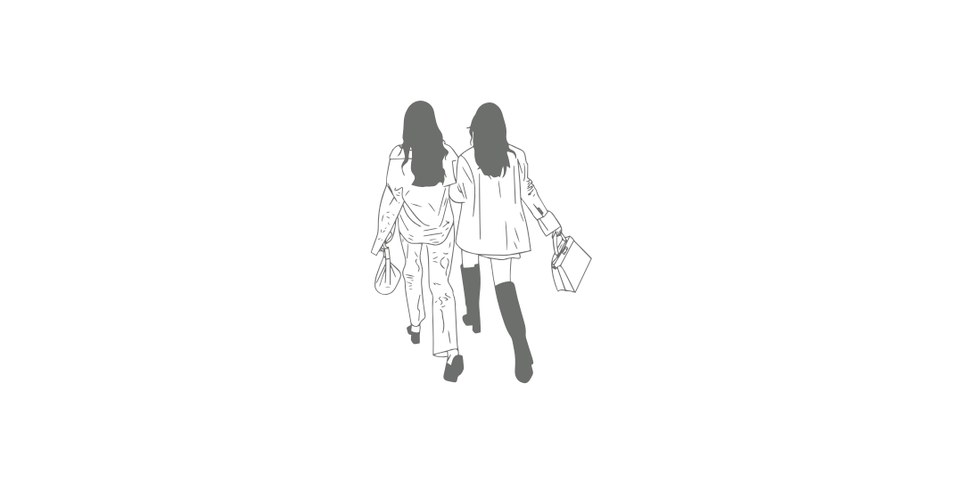 買い物をしながら並んで歩く二人の女性の後ろ姿のイラスト。現在の自分と未来の自分が同じ人生を歩み続けていることを表現している。
