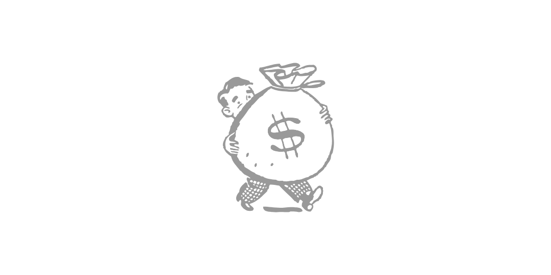 大きなお金袋を抱えて運ぶ人物の線画イラスト。積立投資や複利によって資産が増えていく様子をイメージしたイラスト。