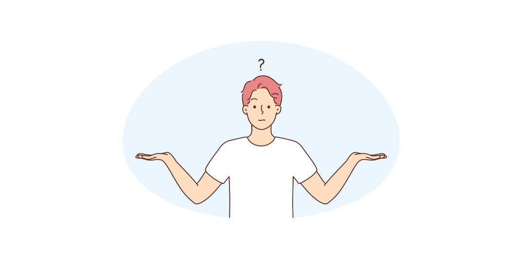 左右を見比べながら迷う人物。人生の選択や感情と現実のバランスについて考えている様子を表したイラスト。