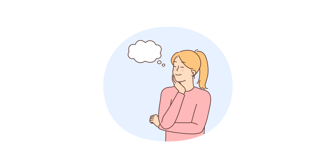 穏やかな表情で自分の気持ちを思い返す女性。自分の感情や本音と向き合う時間を表したイラスト。