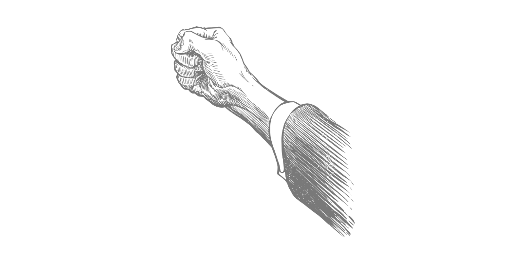 固く握りしめた拳が描かれたモノクロのイラスト。怒りや葛藤、加害性を象徴した挿絵。