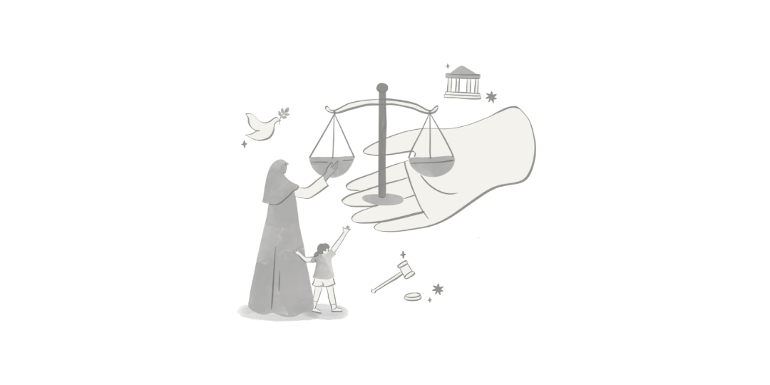 子どもと保護者、天秤、裁判の象徴が描かれたイラスト。被害者と加害者の背景を表現した挿絵。