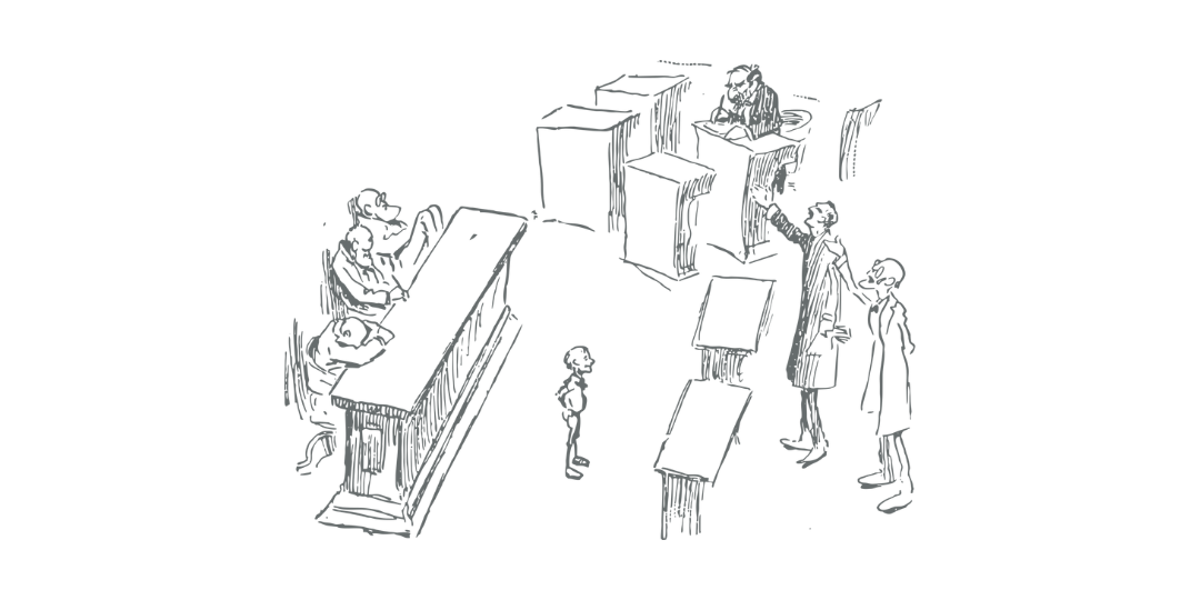 裁判所で証言する人物と裁判官、傍聴席が描かれたイラスト。事件の真の動機をテーマにした挿絵。