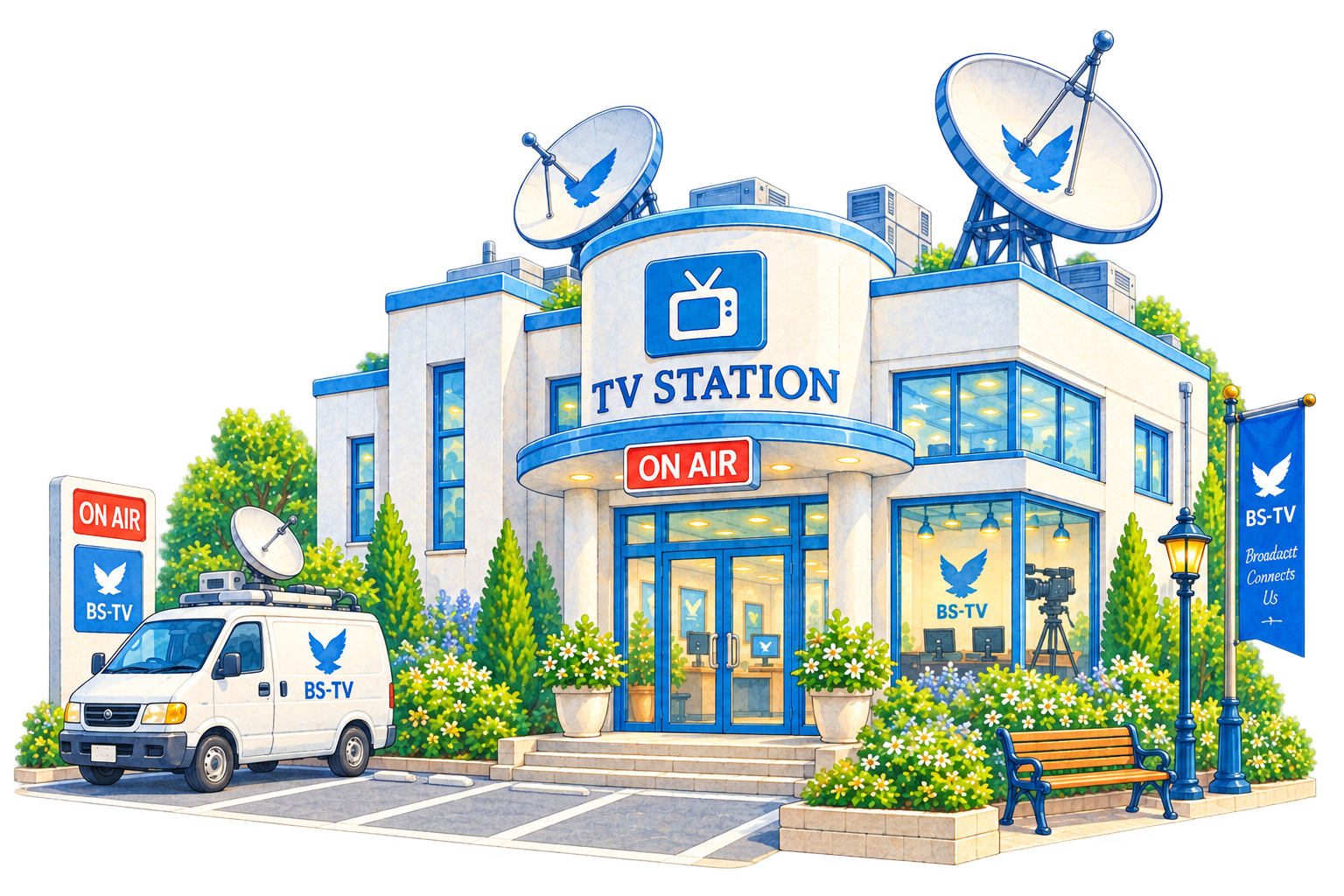 「BS-TV局」というテレビ局の建物外観イラスト