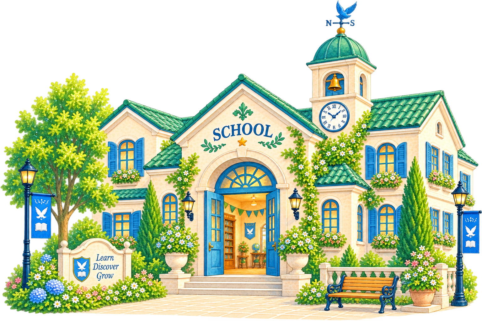 バード学園という、バードセキュリティシティにある学校の建物外観イラスト