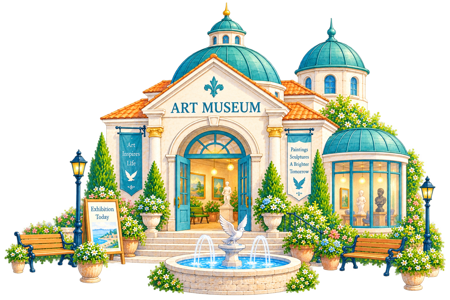 鳥立美術館という名前の美術館の外観建物イラスト