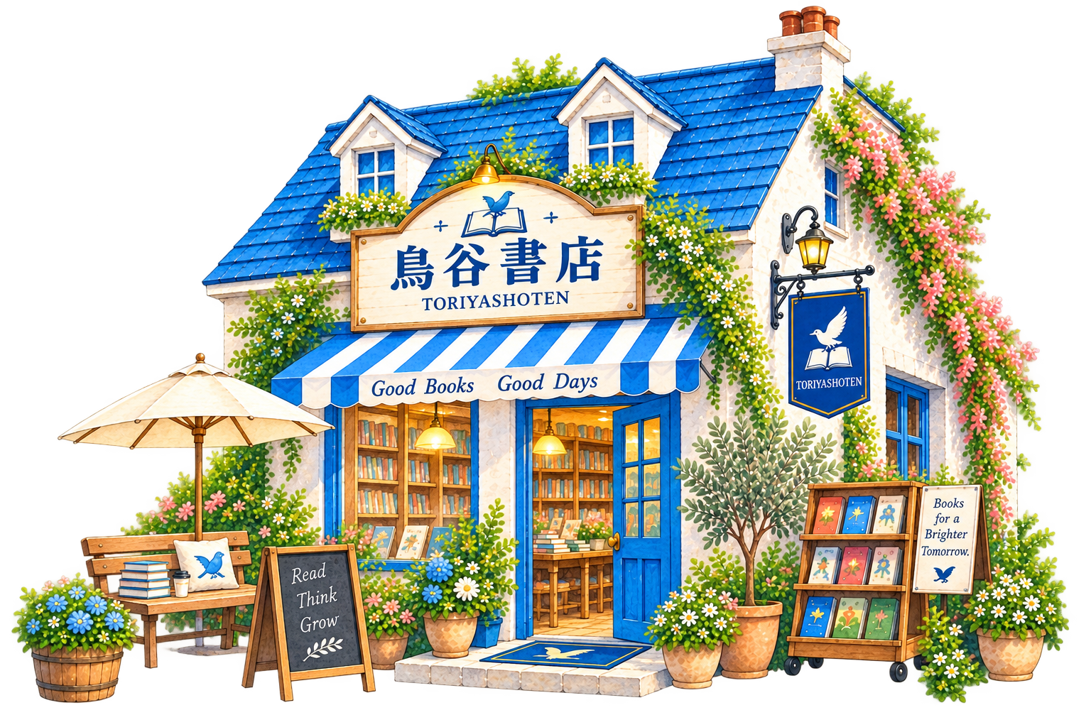 水色と白を基調とした「鳥谷書店」という店名の建物イラスト。