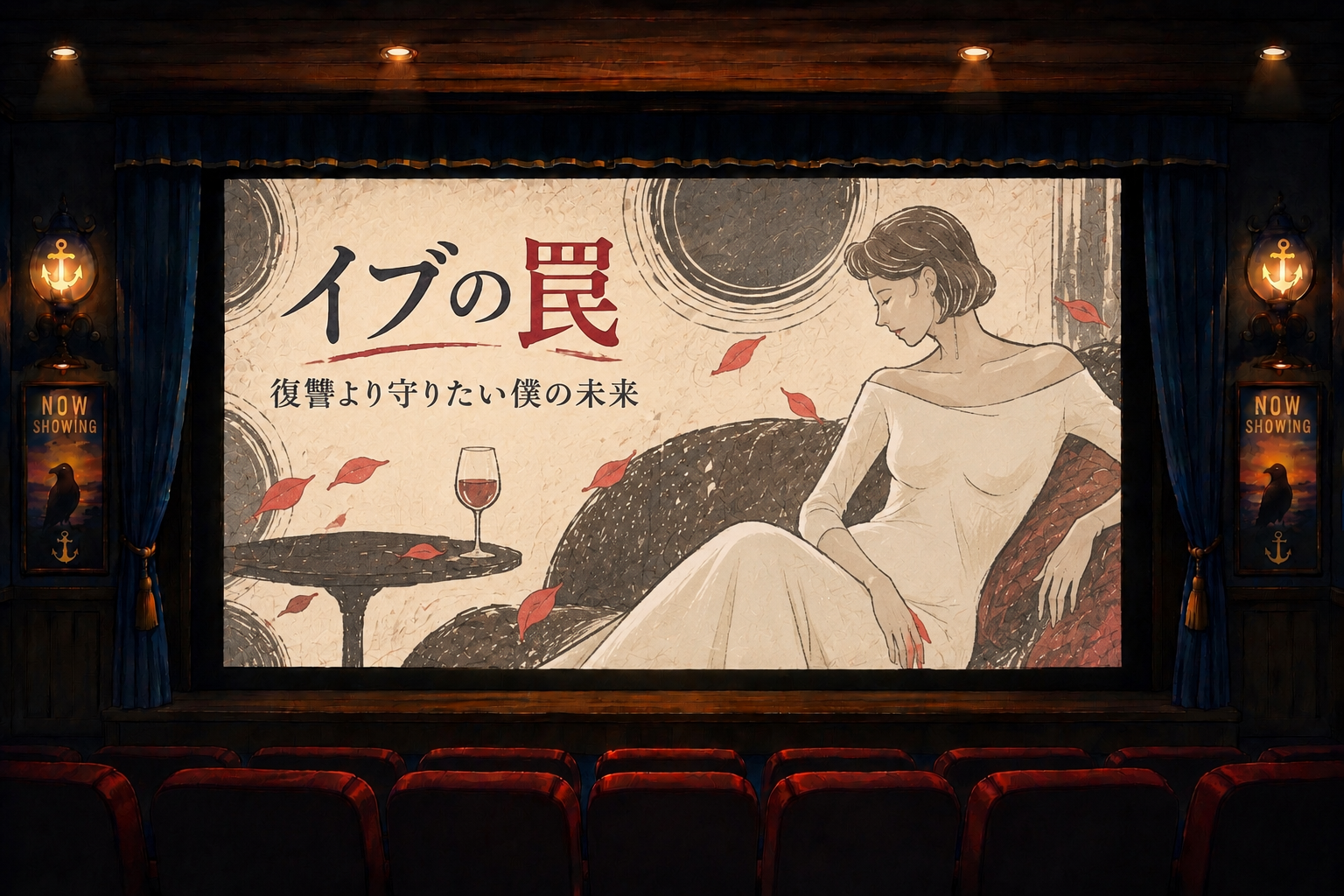 韓国ドラマ『イブの罠』の作品考察アイキャッチ画像。BSシネマのスクリーンに「復讐より守りたい僕の未来」の文字と、白いドレスを着た女性のイラストが映し出されている。